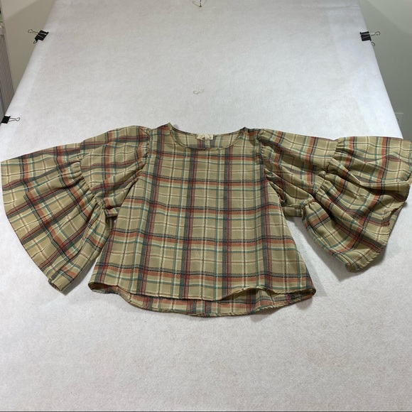 Blu Pepper Cropped Plaid Top Small Flowy Butterfly Sleeves button Down B… - Picture 8 of 8